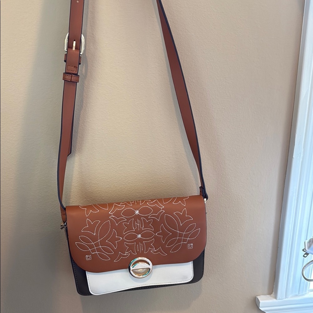Brown, Green and White Embroidered Women's Bag